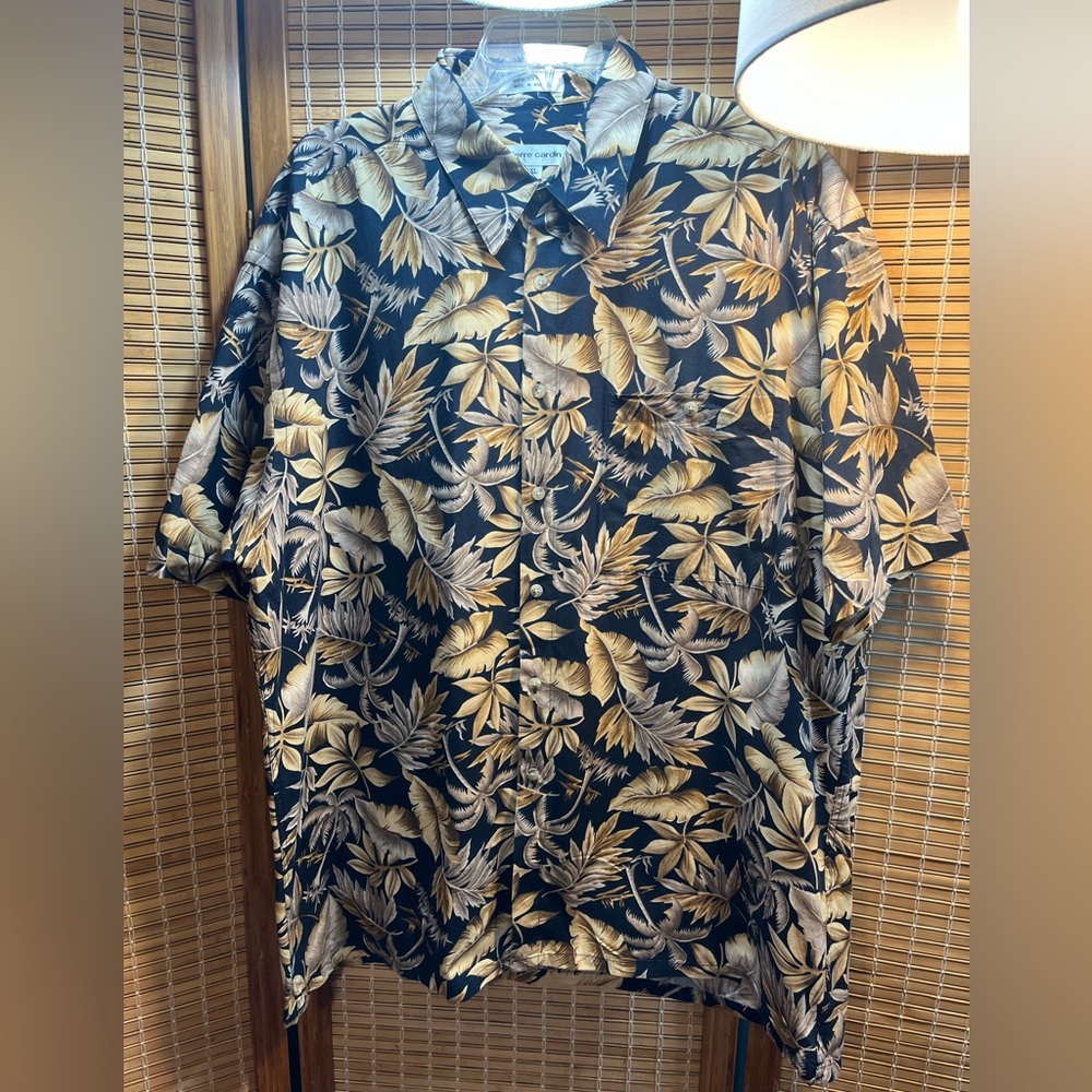 Pierre Cardin Shirt Mens XL Brown Black Short Sleeve Hawaiian Shirt 100%Cotton